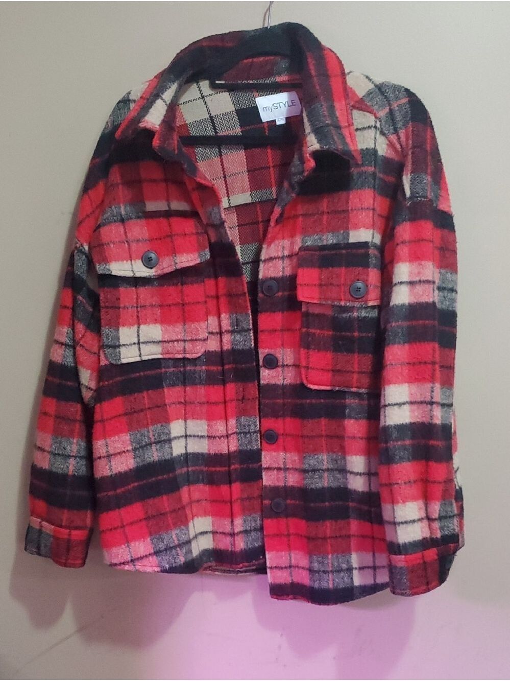My Style Red Black Plaid Button-Up Shacket Size XL